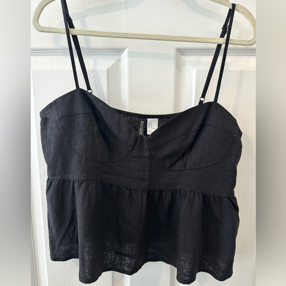 H&M Black Linen Blend Bustier Peplum Top Size L